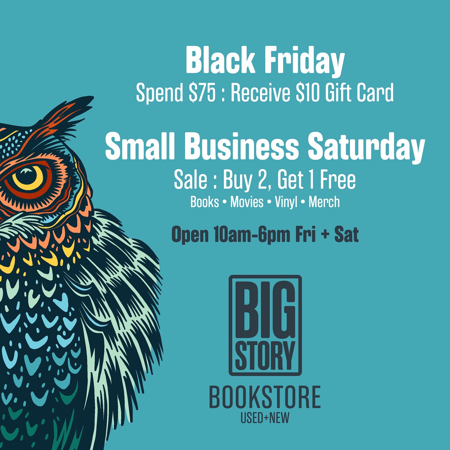 ⚡️Black Friday + Small Business Saturday at Big Story!⚡️
Two Days, Two Awesome Deals:
Black Friday: Spend $75 → Get a $10 gift card
Small Business Saturday: Buy 2, Get 1 Free (books • movies • vinyl • merch)
We’re open 10am–6pm Fri + Sat.
Shop small. Shop Bend. Shop Big Story. 📚💛🔥
#ShopSmall #SmallBusinessSaturday #BlackFriday #BendOregon #BendLocal #BookstoreLove #ShopLocalBend #IndieBookstore #BooksBooksBooks