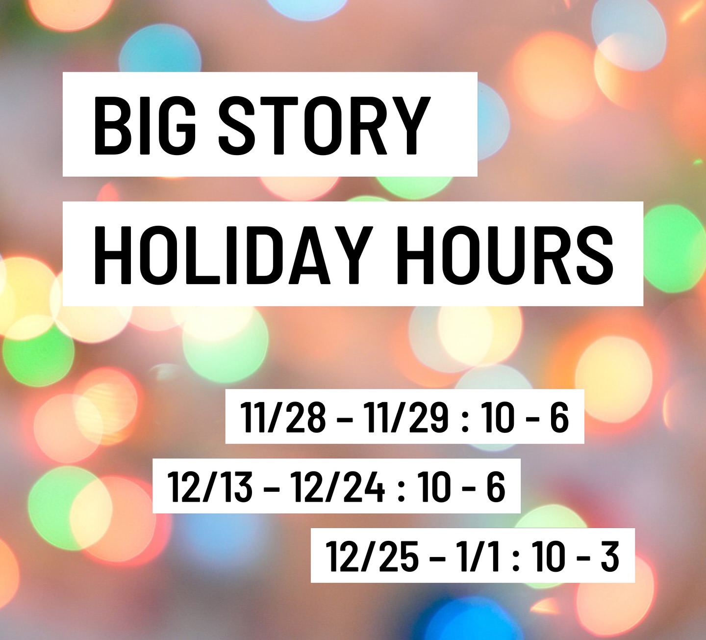 ❄️ Holiday Hours at Big Story ❄️
Here’s when you can swing by for books, gifts, vinyl, and all the good vibes this season:
11/28–11/29: 10am–6pm
12/13–12/24: 10am–6pm
12/25–1/1: 10am–3pm
Come stay warm, browse the stacks, and find something inspiring. ✨📚 Otherwise we’re open our usual 10-3.