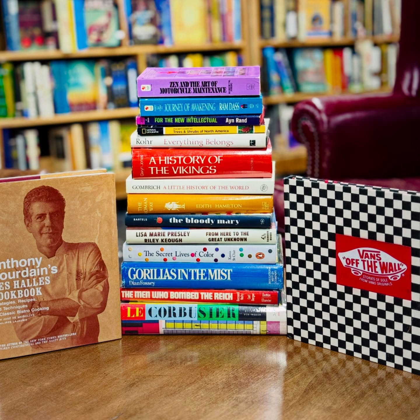 For the endlessly curious. 🧐🧠
A stack of nonfiction that challenges, inspires, and occasionally wrecks your worldview — featuring Anthony Bourdain’s Les Halles Cookbook (2004), raw and timeless, alongside Vans: Off the Wall, a visual history of skate culture, style, and rebellion.
From Zen and the Art of Motorcycle Maintenance, A Little History of the World, and A History of the Vikings, to books on design, color, architecture, philosophy, and counterculture — these are titles that expand how you think and see the world.