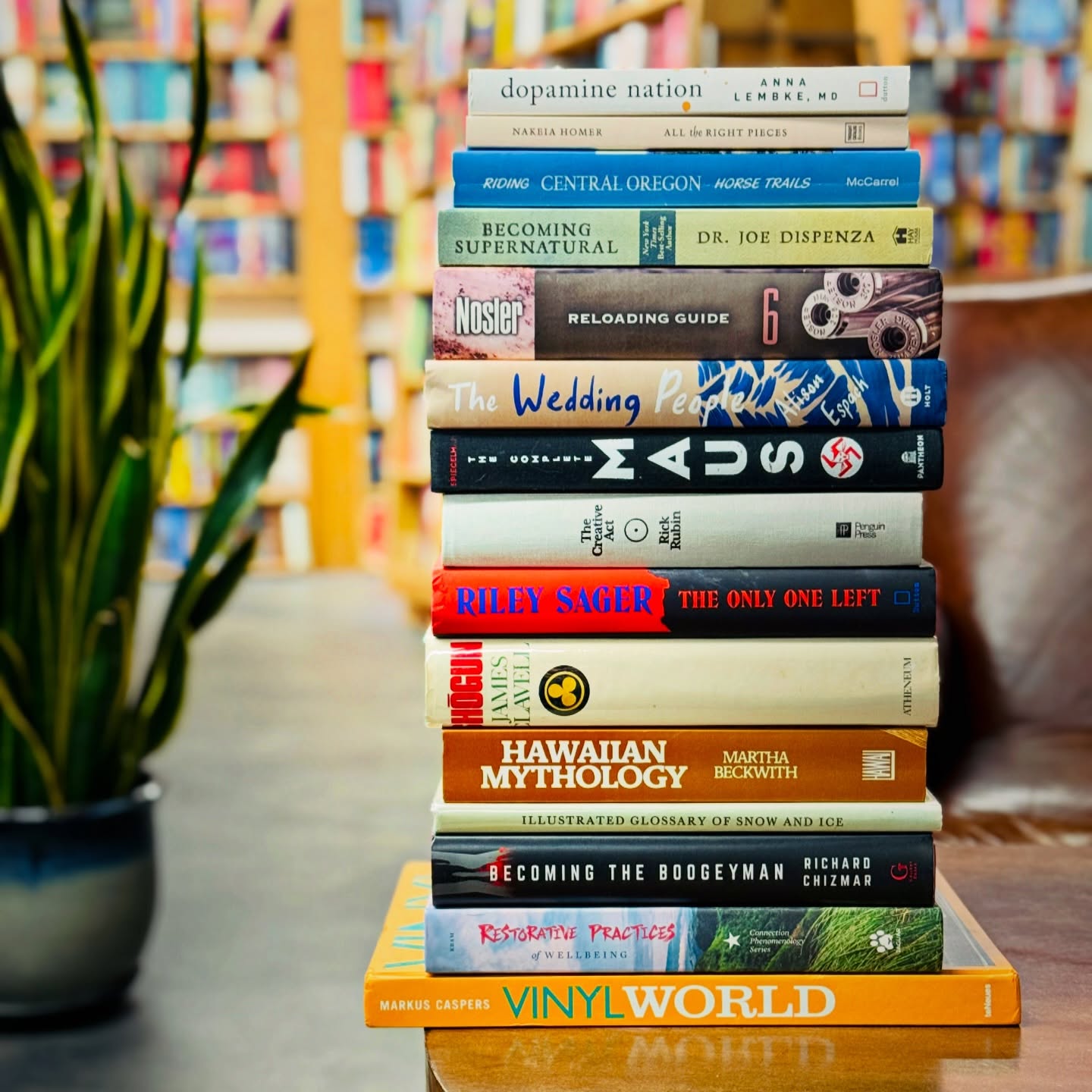 Stacks like this arriving daily.
Local titles like Nosler’s Reloading Guide and Riding Central Oregon Horse Trails sitting right alongside frequently asked for books— Maus, The Creative Act, Shōgun, Becoming Supernatural, Dopamine Nation.
And then the curveballs we love:
Hawaiian Mythology, Restorative Practices of Wellbeing, an Illustrated Glossary of Snow and Ice, and plenty more that don’t fit neatly into any one lane.
All used.
All thoughtfully curated.
